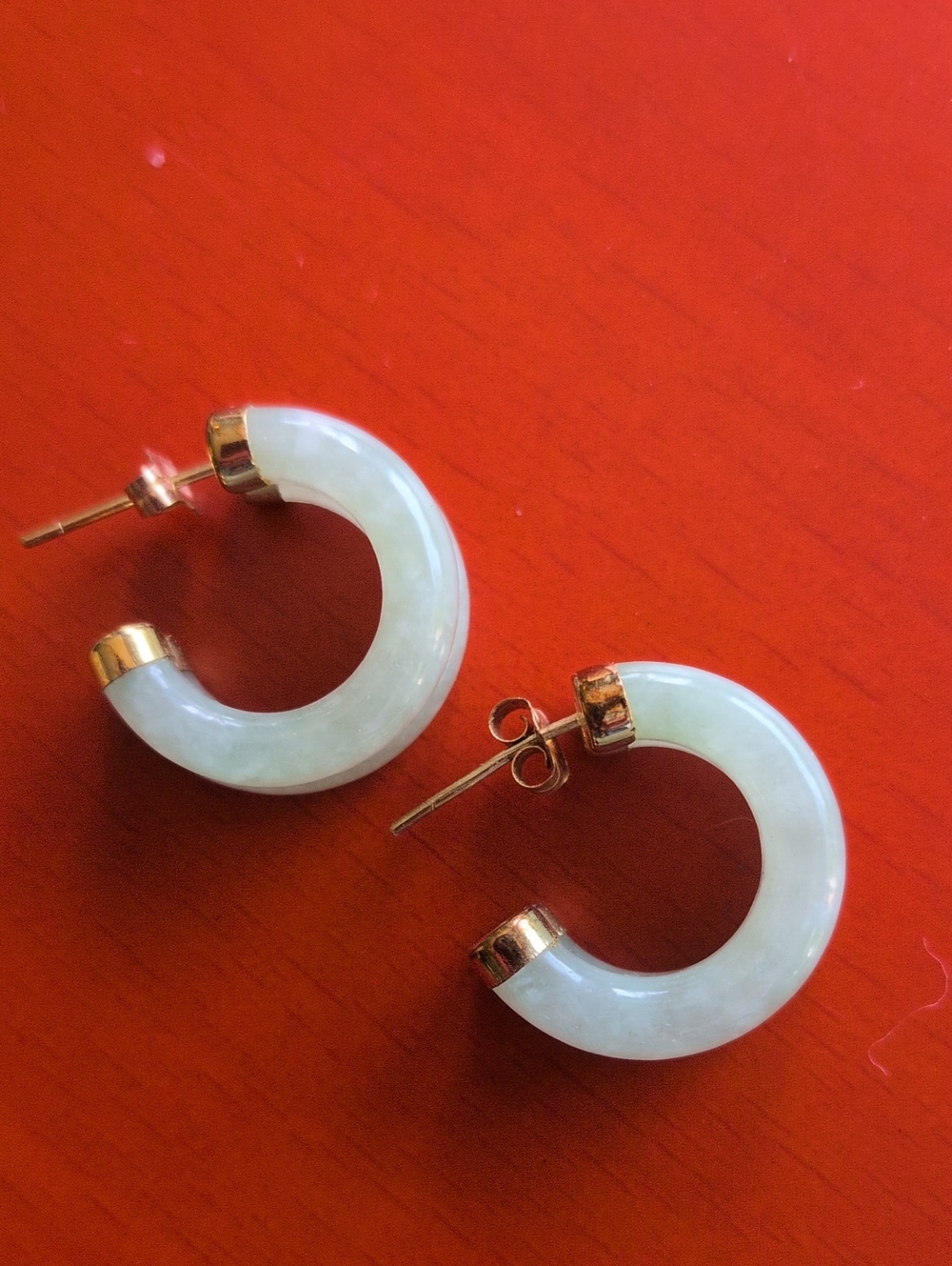 14k Yellow Gold Light Green Jade Estate Hoop Earrings